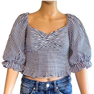 Do+ Be Blue and White Puff Sleeve Crop Blouse
